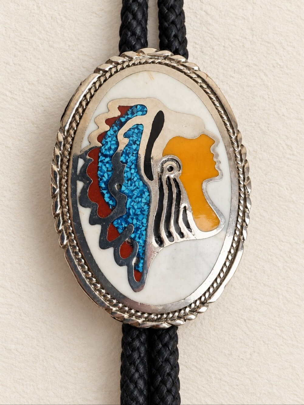 Bolo Tie Chief Headdress Southwestern Style Blue Inlay Silver Tone Black Cord